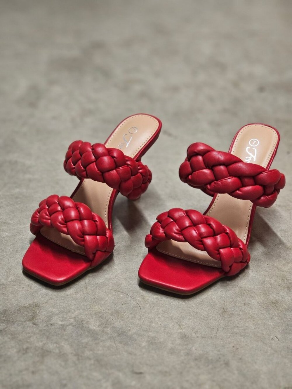 Braided Red High Heel Slide Sandals With Square Toe & Double Strap Design